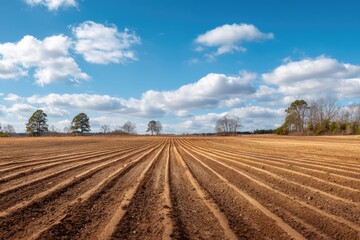 A vast, plowed field extends to the horizon under a vibrant blue sky with fluffy white clouds