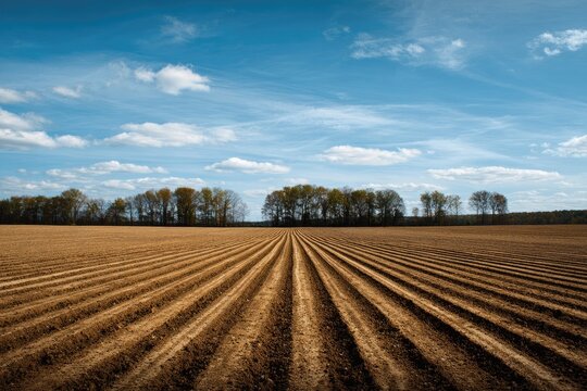 A vast, freshly tilled field stretches toward a treeline under a bright blue sky