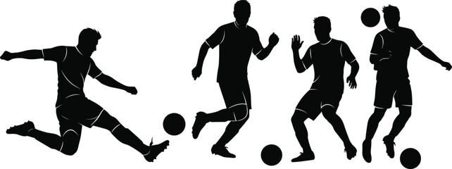Soccer player silhouette, football action pose, kicking ball, dribbling motion, defensive stance, vector art, black icon, cad drawing flat illustration