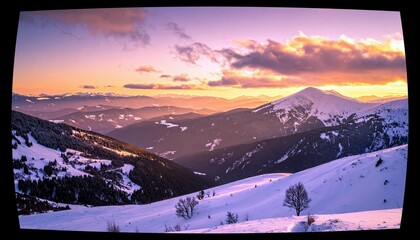 A panoramic view of snow-covered mountain ranges under a colorful sunset sky, featuring evergreen trees on the slopes.