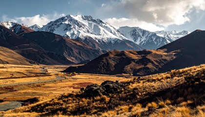 A vast mountain range with snow-covered peaks dominates the background, while rolling hills covered in dry, golden grass lead to a winding road in the foregroun