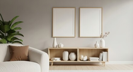 Modern living room with sofa and display cabinet featuring two blank frames