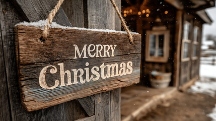 Obraz premium Merry christmas wooden sign hanging on door winter holiday decoration