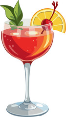 Vector Illustration of Coupe Cocktail Glass with Red Drink, Orange Slice, Cherry, and Mint Garnish – Classic Summer Cosmopolitan Art