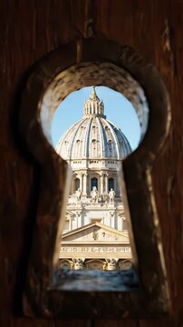 Stunning view of the dome of St. Peter's Basilica in the Vatican City, perfectly framed by the keyhole of a wooden door on Aventine Hill