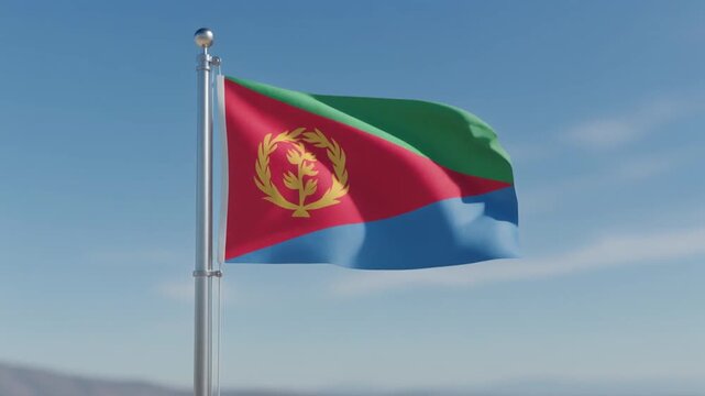 Eritrea flag waving against blue sky in sunny day with gentle breeze in outdoor