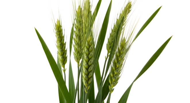Close up of green wheat stalks with long awns and leaves, isolated on a transparent background, cutout, PNG