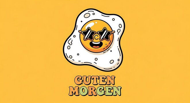 A cheerful cartoon fried egg character with a smiling face and cool sunglasses, perfect for a good morning greeting. Retro style food illustration on a yellow background