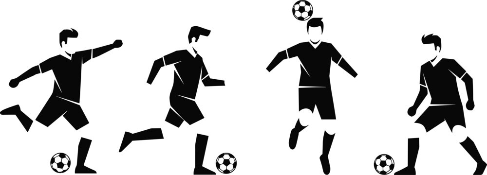 Soccer player silhouette, kicking ball, dribbling motion, heading pose, football action, sports training, athlete movement, team game, black white illustration