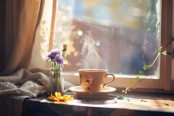 Steaming cup of tea with purple flowers and yellow bloom
