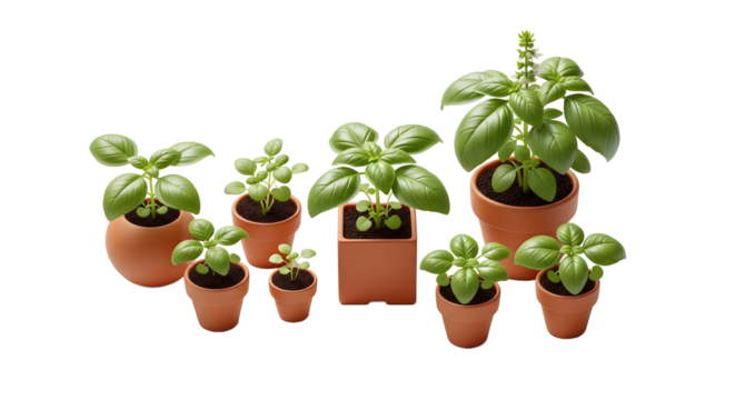 Basil plants in pots isolated on transparent background, different sizes and shapes , ai generated image