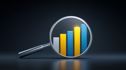 Magnifying Glass Over Colorful Bar Chart on Dark Background