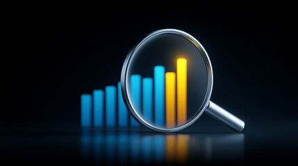 Magnifying Glass Over Colorful Bar Chart on Dark Background