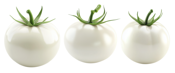 White tomato with a green stem isolated on white transparent background. Unique and rare vegetable concept, symbolizing genetic modification or rarity