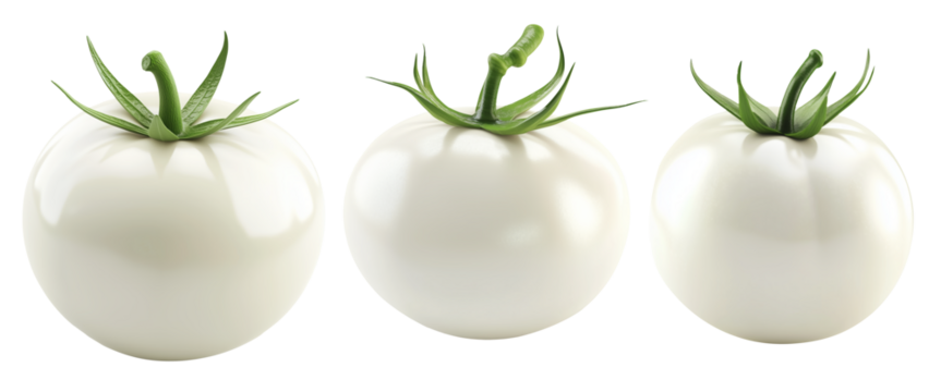 White tomato with a green stem isolated on white transparent background. Unique and rare vegetable concept, symbolizing genetic modification or rarity