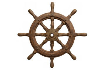 Ship's wheel, a wooden helm controlling boat navigation and steering, isolated on transparent background, showing vintage nautical design