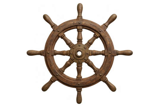 Ship's wheel, a wooden helm controlling boat navigation and steering, isolated on transparent background, showing vintage nautical design
