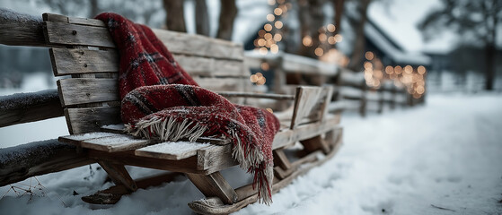 Winter scene of a wooden sleigh with a red blanket in a snowy landscape