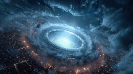 Aerial perspective of a massive stadium filled with spectators under a star filled sky at night