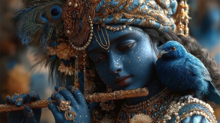 Fototapeta premium Krishna, adorned with flowers, holds flute, close up, during hindu festival, celebrating colors and culture