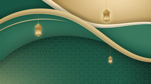 Islamic green and gold background with lantern in abstract style design. Luxury islamic background