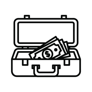 Open briefcase filled with dollar bills, symbolizing wealth, business, finance, investment, and success line icon