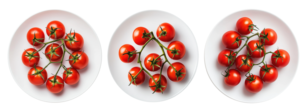 Ripe red cherry tomatoes on the vine placed on white plate against isolated on transparent background. Concept of fresh organic vegetables and healthy eating