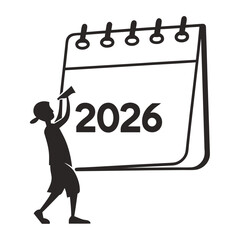 Illustration of a boy tearing off a page from a 2026 calendar, symbolizing the passage of time and the anticipation of the upcoming year isolated on