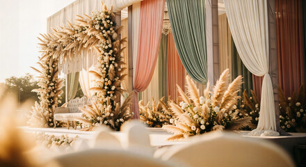 Gorgeous boho wedding decor with pampas grass and pastel drapes creates a romantic, unforgettable celebration, perfect for event planners