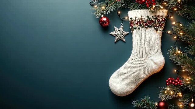 Beautifully arranged Christmas stocking surrounded by lights and ornaments, creating a warm holiday atmosphere for celebrations