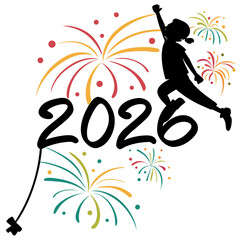 Dynamic 2026 new year illustration featuring a child silhouette jumping towards fireworks isolated on, representing future aspirations