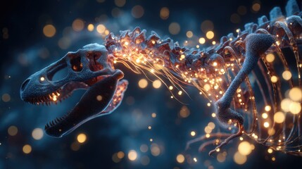 Fascinating close-up digital illustration of a dinosaur DNA strand with glowing sparks and particles