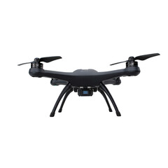 Naklejka premium Sleek Black Drone with Integrated Camera Isolated on Black Background Ready for Aerial Photography and Videography Missions Showcasing Advanced Technology and Design