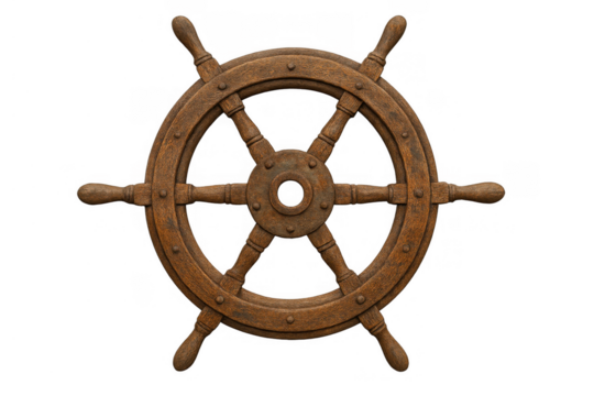 Wooden ship's wheel representing navigation, maritime travel, nautical adventure, and journey on a transparent background