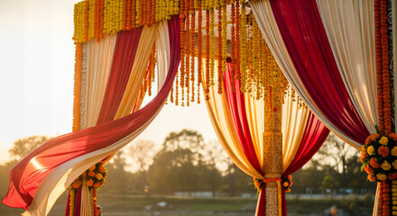 Elegant Indian wedding mandap decorated with vibrant marigolds and flowing fabrics for a joyous celebration of love and traditions