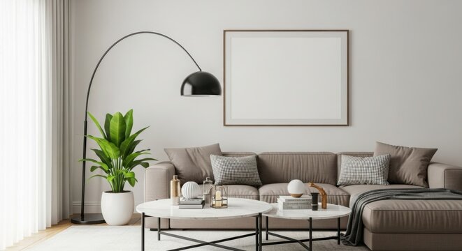 Modern living room with beige sofa arc lamp and empty framed artwork for interior design