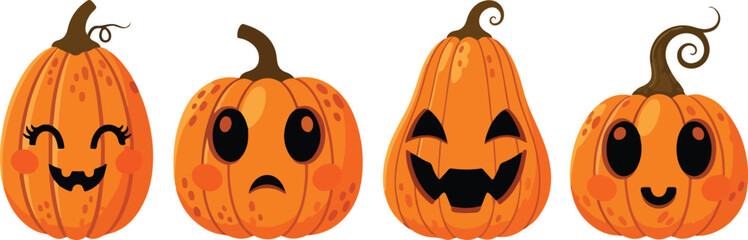 Four orange Halloween cartoon pumpkins with various facial expressions: happy smile, sad smile, carved jack-o-lantern, and sweet face.