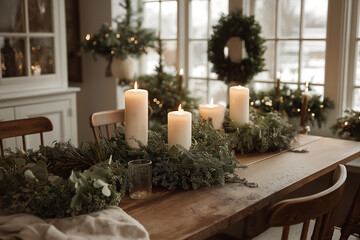 Elegant christmas table decor with candles and greenery for holiday season