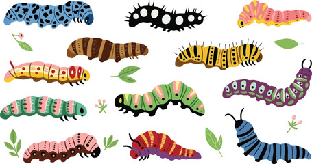 Illustration of a collection of various types of colorful caterpillars with unique patterns, including a blue dotted caterpillar, a black caterpillar, and a green striped caterpillar.