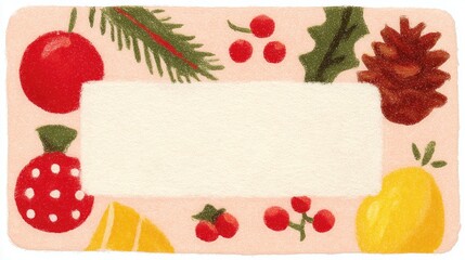 Christmas decorative frame with pine branch, berries, pinecone, red ornaments, fruits on pink textured background, blank space for text. Ideal as wallpaper, poster, card for holiday deco