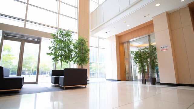 Modern building lobby interior with large windows and contemporary seating area