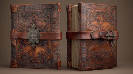 An antique leather-bound book, showcasing intricate details and craftsmanship