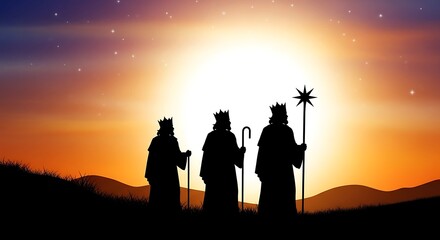 Silhouettes of the three wise men stand against a vibrant sunset sky during their journey