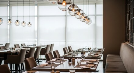 Elegant dining room setting with warm lighting and modern chairs for a sophisticated meal