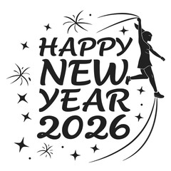 Happy new year 2026 with a girl jumping with fireworks, isolated on celebrate the upcoming year with joy and excitement in this festive design