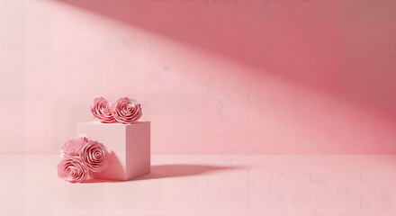 Delicate pink roses arranged on a modern pedestal for a romantic event or sophisticated beauty product display now