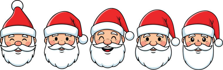 Five cartoon faces of Santa Claus with red hats and white beards, each showing different expressions such as winking, smiling, and happy expressions.