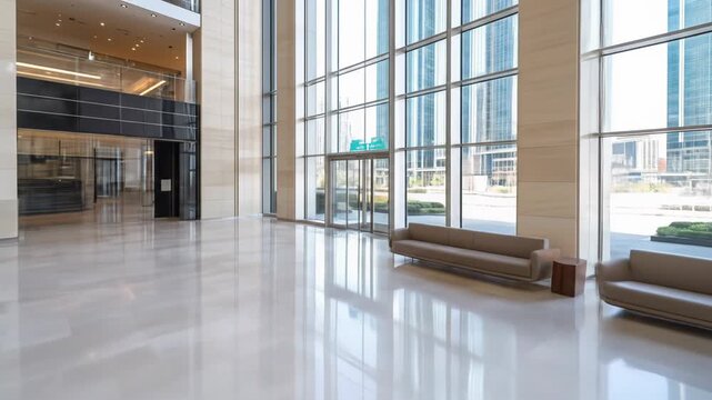Modern corporate building lobby interior with bright natural light and polished floors
