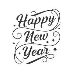 Happy new year lettering isolated on festive inscription with swirls and curls calligraphic text for holiday greeting card, banner, poster, or invitation