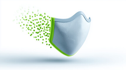 Blue and Green Protective Mask with Green Particles on White Background